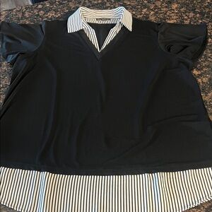 Adrianna Papell Black Blouse with Striped Accents 1X